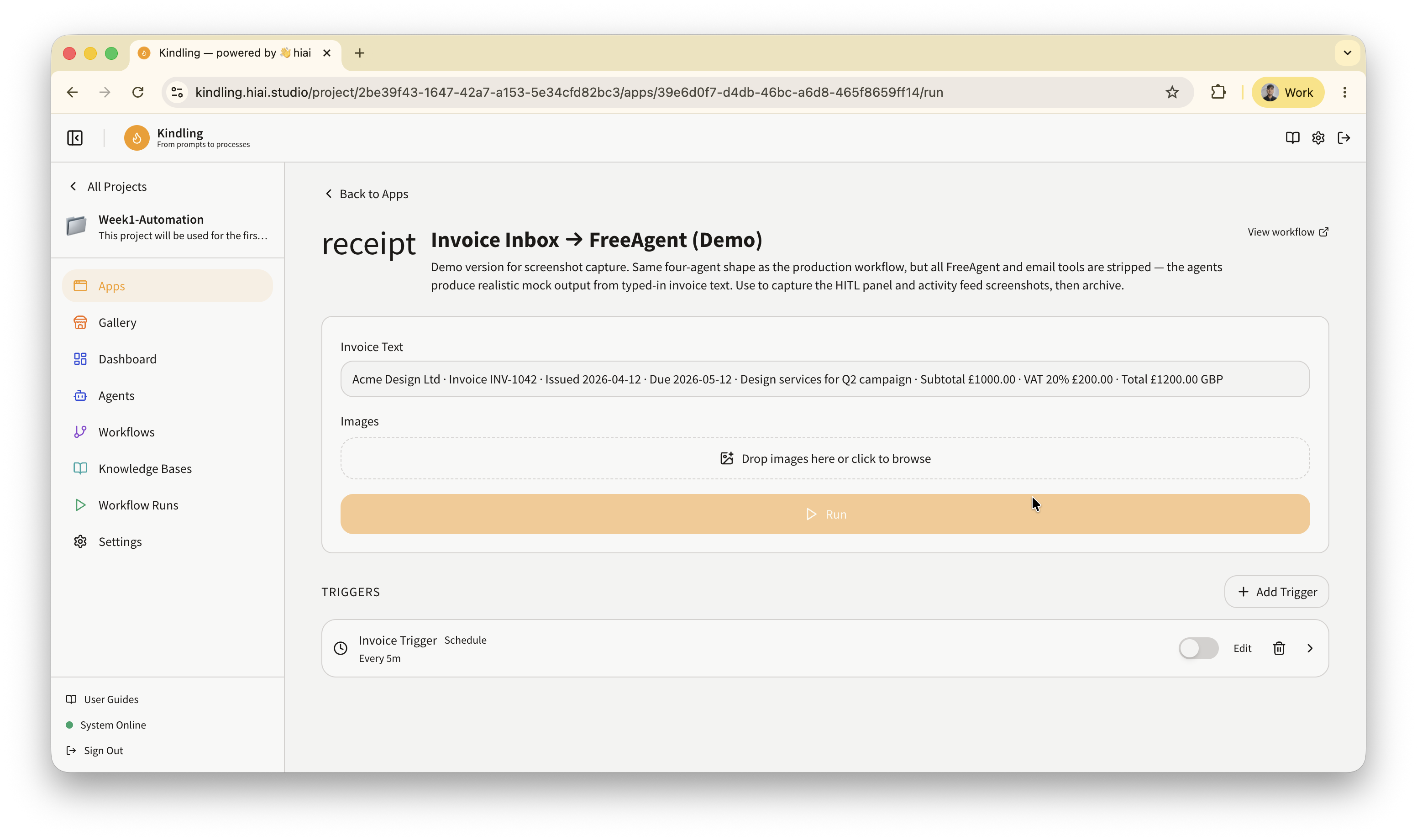 The App Runner page in Kindling with the Triggers section visible, where a Gmail trigger is wired to fire the workflow per email